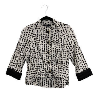 Etcetera Womens Suit Jacket White Black Polka Dot 3/4 Sleeve Ruffle Stretch 6